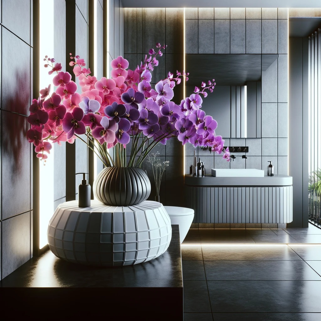 bano retro futurista y minimalista en blanco y negro con un arreglo vibrante de orquideas en tonos purpura y rosa