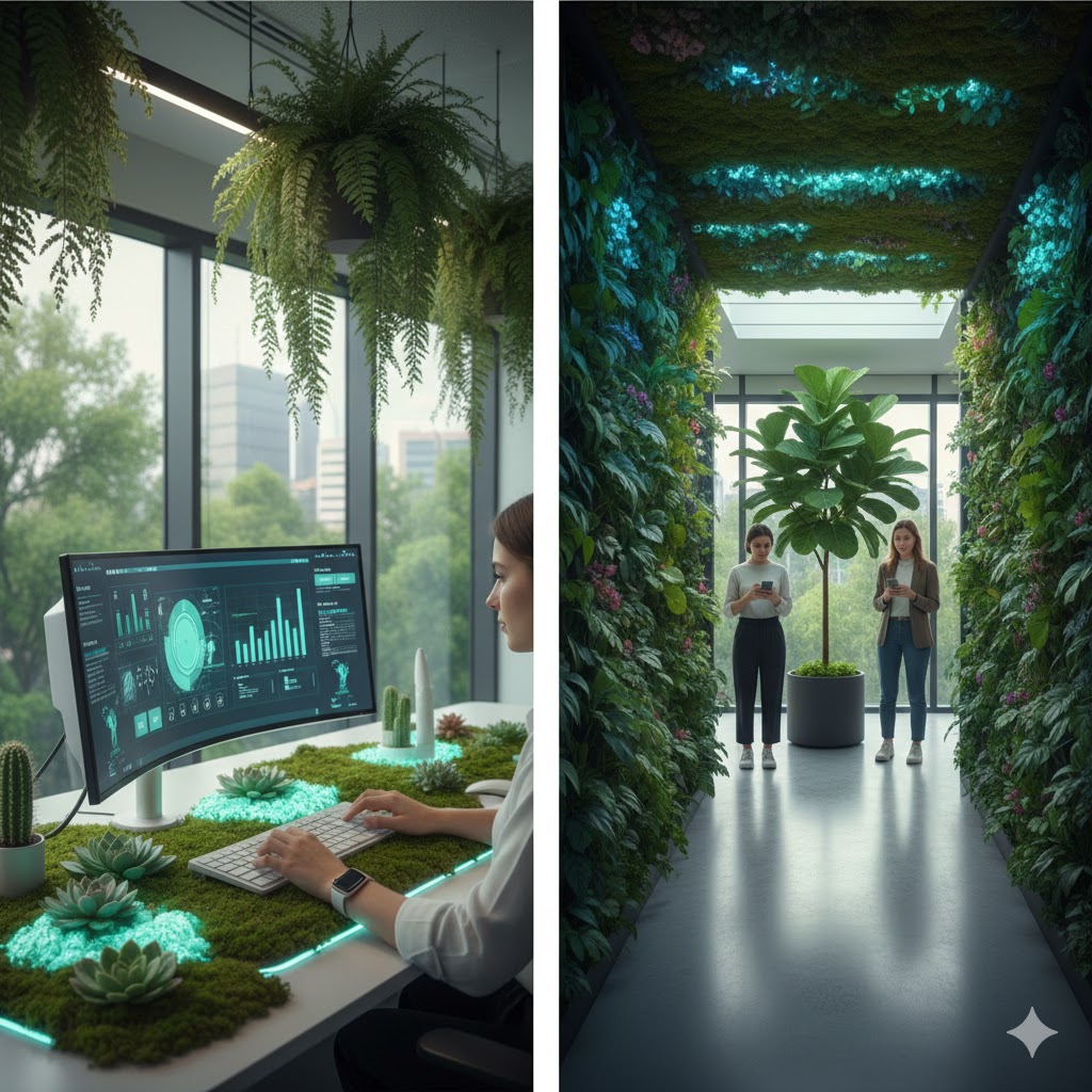 Neuroarquitectura floral, diseño Biofílico 2026 - Oficinas verdes vs Bienestar laboral 2 green