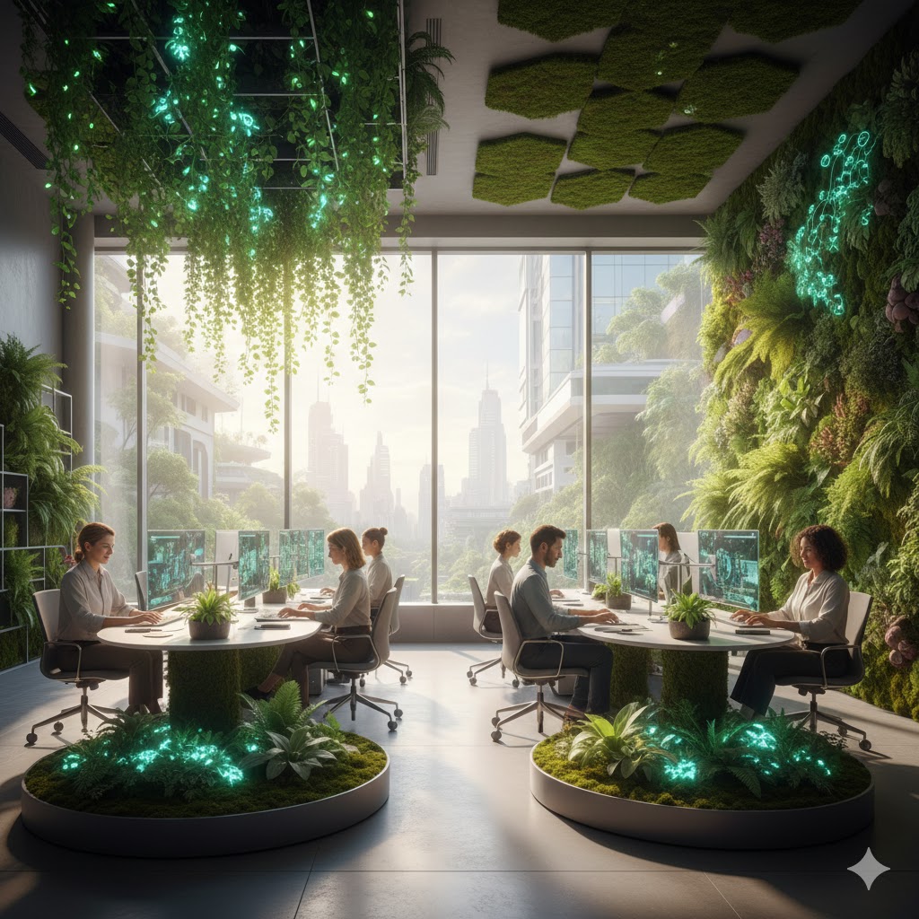 Neuroarquitectura floral, diseño Biofílico 2026 - Oficinas verdes vs Bienestar laboral 1 green2