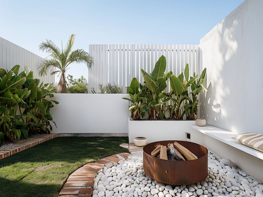 Minimalist Backyard with Fire Pit and Tropical Plant Accents